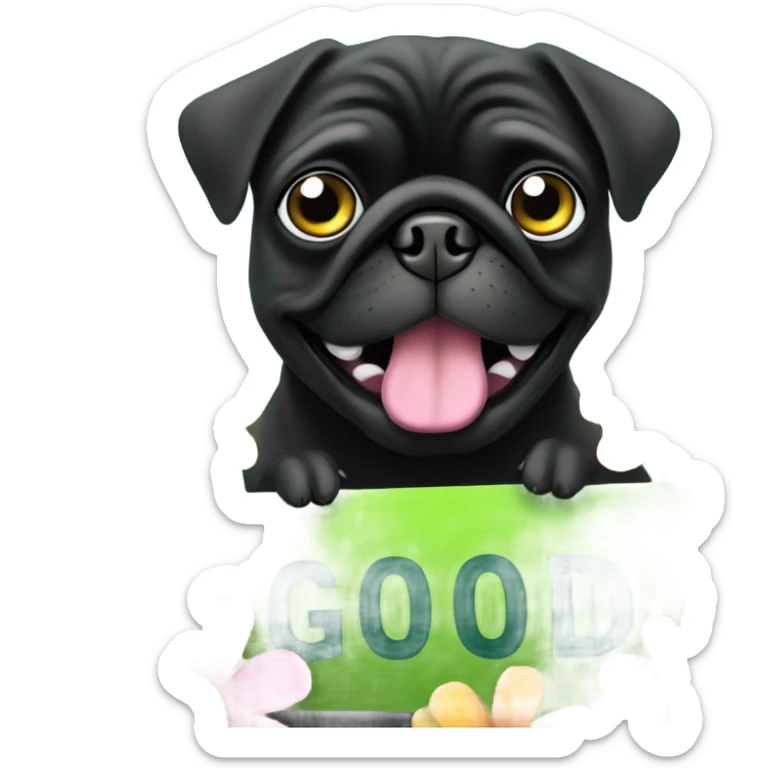 Black pug , surrounded by flowers, holding a green sign that says “good luck”  sticker
