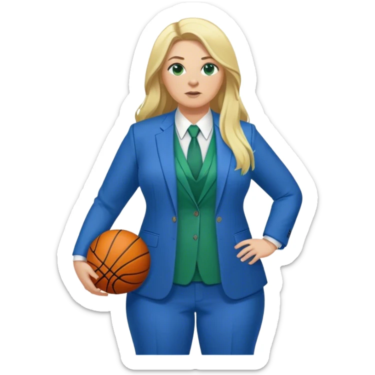 Full Body white plus size female basketball head coach with long blonde hair in a blue and green suit sticker