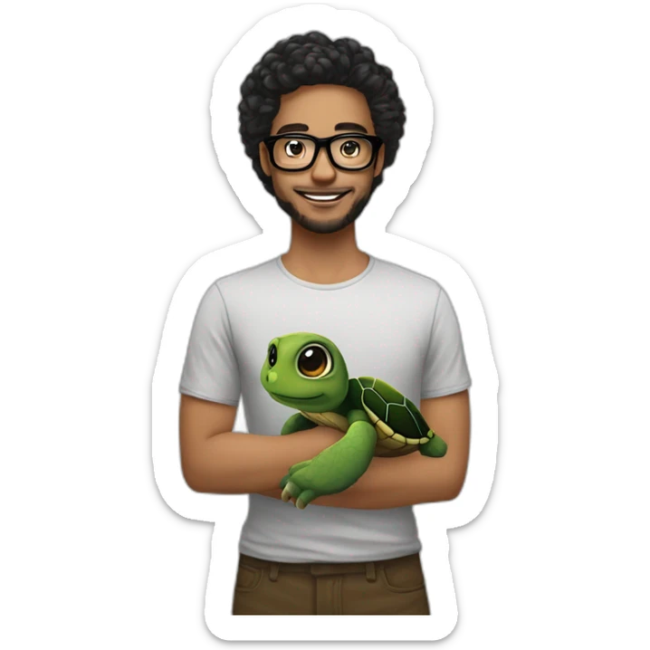 Mec brun avec lunette noir cheveux bouclés et un tatouage de tortue sticker