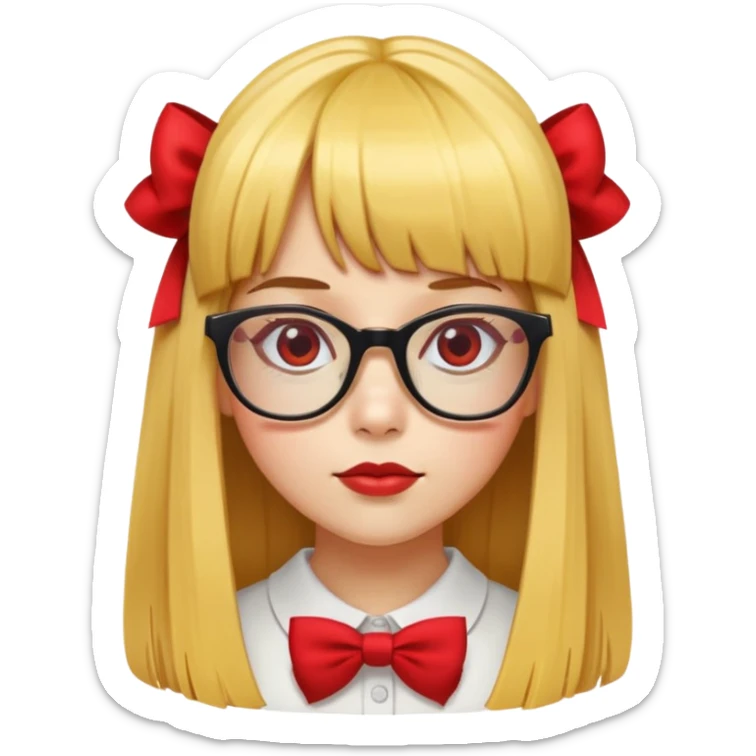 yellow skin girl with long straight hair, bangs, red bow on hair, square glasses sticker