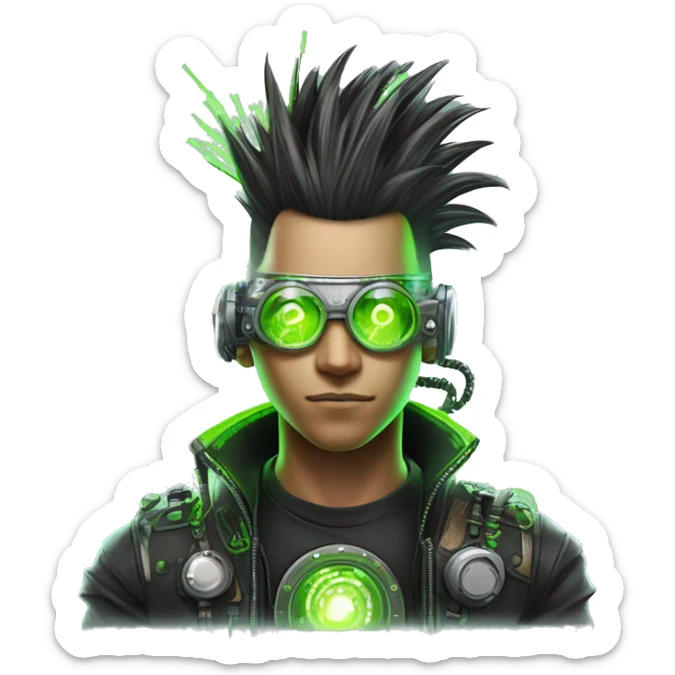 Mohawk hair with neon green highlights Asian male cyborg head with neon silver steampunk goggles and circuits sticker