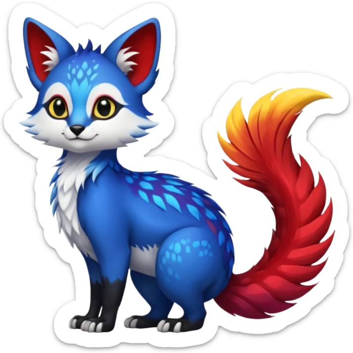 Feral Rare Fantasy vibrant tropical exotic cobalt-blue-crimson-red-black-white-yellow-gradients, Vernid-Trico-species-creature by LiLaiRa, random markings, tufted tail, tufted ears, full body sticker