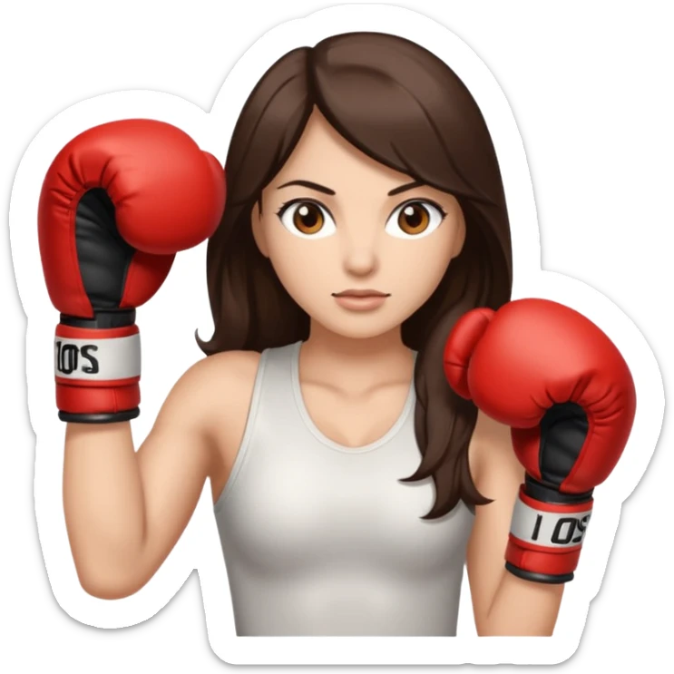 An woman with long dark brown hair in boxing gloves and light brown eyes sticker