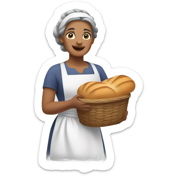 "A middle-aged woman with tired eyes, graying hair tied back, and a warm but worried look. She wears a simple dress with an apron, holding a loaf of bread or basket in a modest kitchen." sticker