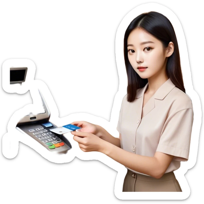 “An emoji-style illustration of a Korean person making a payment with a credit card. The person is holding a credit card and inserting or tapping it on a payment terminal. The scene suggests a typical transaction at a store or café counter, with a cashier or payment machine present. The person appears focused or content while completing the purchase. The style is minimalistic and expressive, resembling an emoji.” sticker