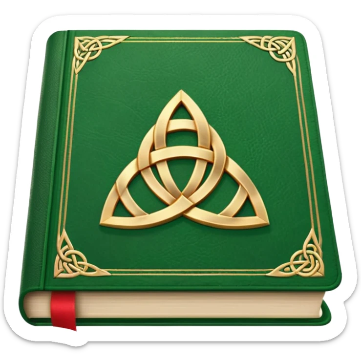 a green closed book with a golden triquetra on it with a red ribbon between the paged sticker