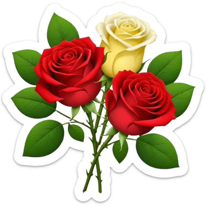 One red flower and one white flower and one small yellow rose below them in bouquet  sticker