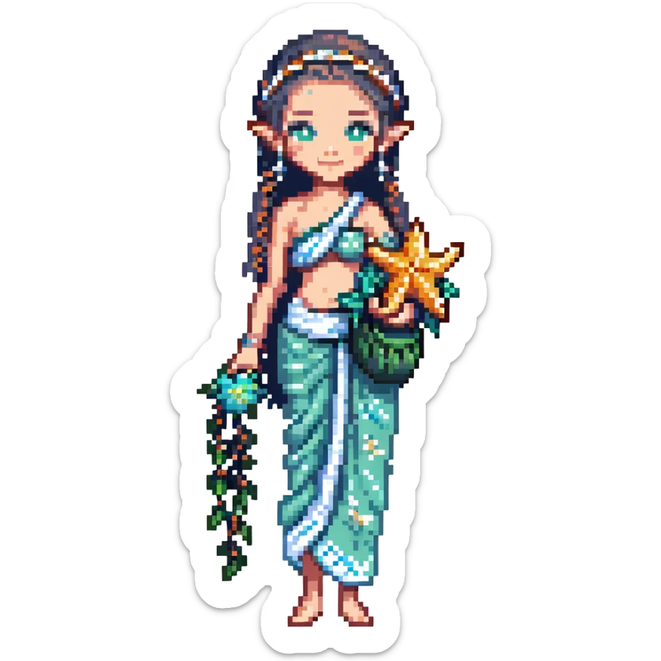 elf female Sarong with bioluminescent embroidery, armful of starfish, hair in a braid with pearl pins sticker