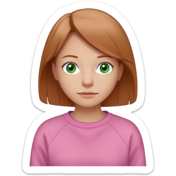  Una donna con una felpa semplice rosa, senza cappuccio. i capelli sono lunghi fino alle spalle marroni chiaro,gli occhi sono verdi e la bocca è contenta ma non sorride sticker