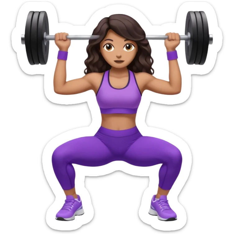 mujer de tez trigueña, con cabello castaño oscuro ondulado no muy marcado, hasta las nalgas super largo estilizado, con ropa deportiva morada/lila, tenis blancos deportivos y levantando una pesa sticker