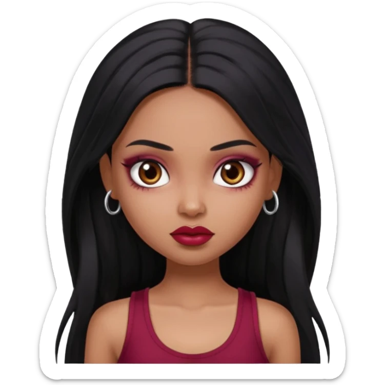 a pretty bratz girl with long black hair, kajal under eyes, small silver hoop. Dark cherry red tank top on.  sticker