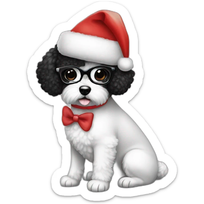 woman-black hair-bow-glasses-bichon dog-sitting-christmas hat sticker