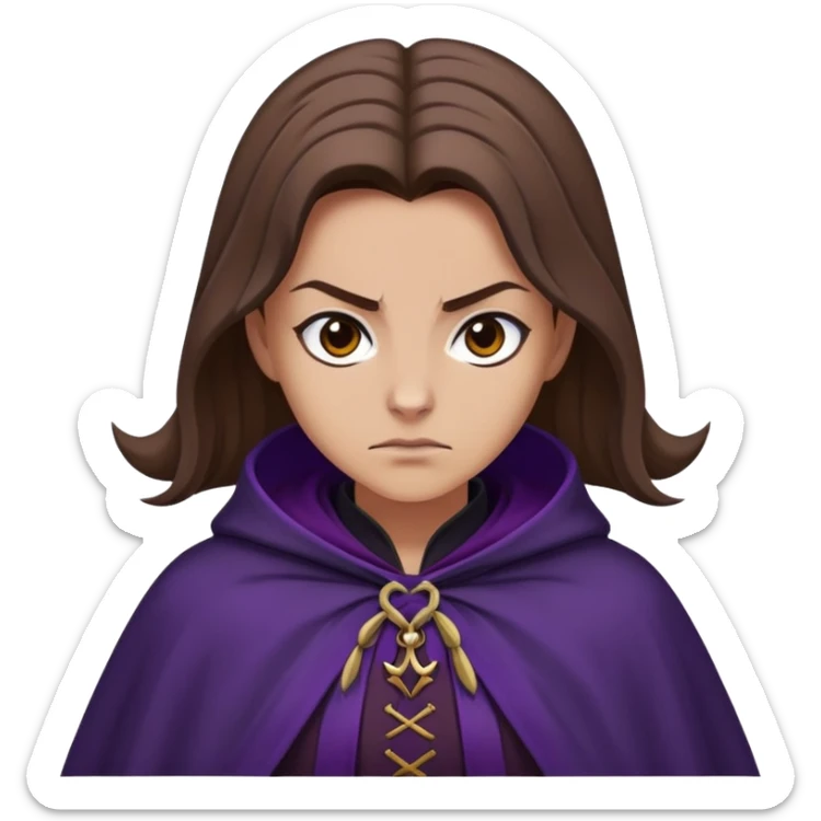 Alecto Carrow in harry potter, a woman fat, brown hair, tied hair, look evil, dark purple cloak sticker