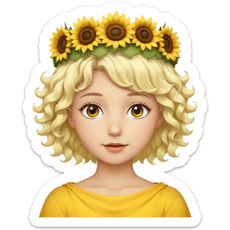 Fair skin female, short platinum-blonde curly hair, wearing a yellow sunflower crown. sticker