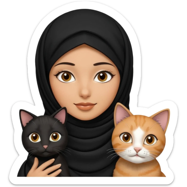 A Arabic woman human with brown eyes and black hijab. , two cats, the both cats have the colour black and white in the same colour,   sticker