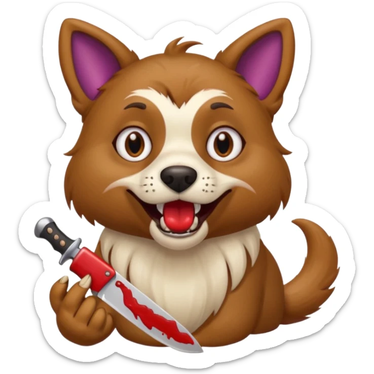 dog with wild crazy eyes holding bloody knife in one paw and eggplant in mouth sticker