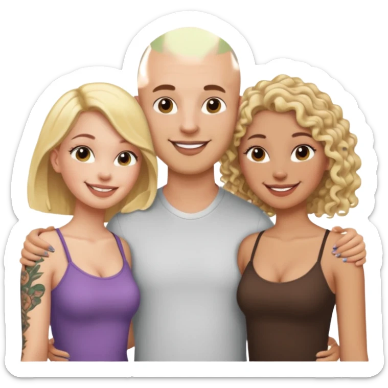 throuple tatted bald boyfriend with two girlfriends, one long blonde hair, other short curly brunette  sticker