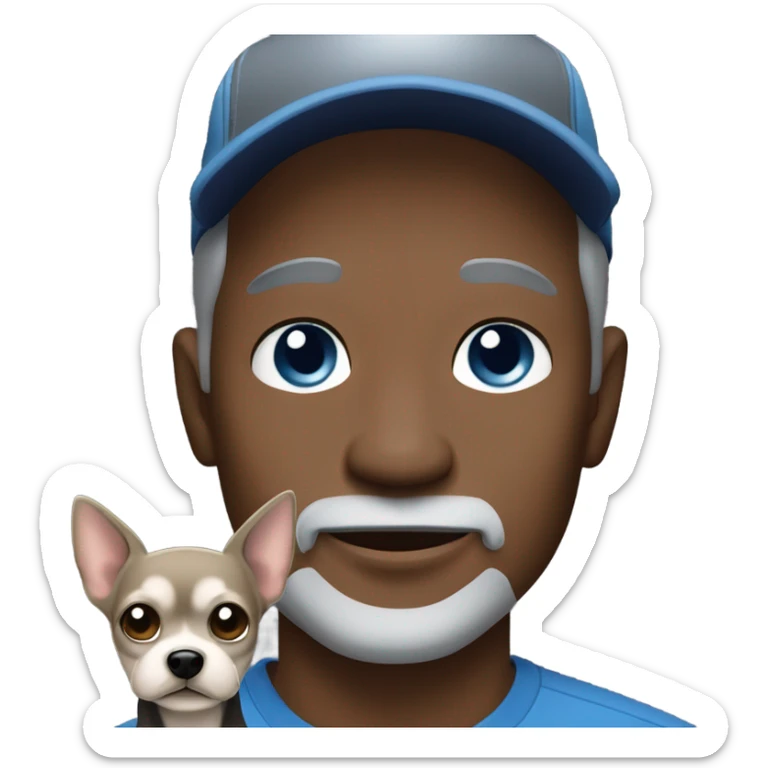 blue eyed man, with grey hair and grey goatee, wearing ball cap, holding long hair black chihuahua sticker