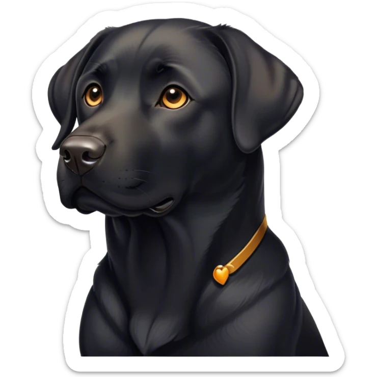 Cinematic Noble Black Labrador Portrait Emoji, Poised and regal, with a robust, muscular build and a sleek, shiny pure black Fur, deep-set soulful brown eyes, Simplified yet sharp and sophisticated features, highly detailed, glowing with a soft, dignified glow, high shine, intelligent and gentle, stylized with an air of confidence, focused and attentive, soft glowing outline, capturing the essence of a watchful and loving companion, so majestic it feels as though it could bound out of the screen with effortless authority! sticker