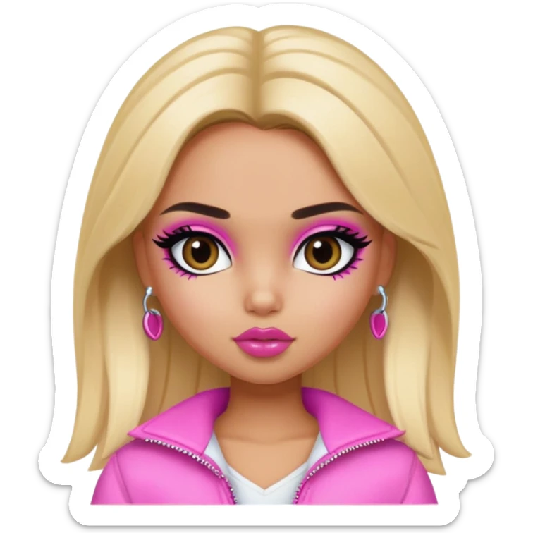 pretty bratz girl, blonde hair, dark brown eyes, pink lips, black eyeliner, tan skin, cute y2k clothes sticker