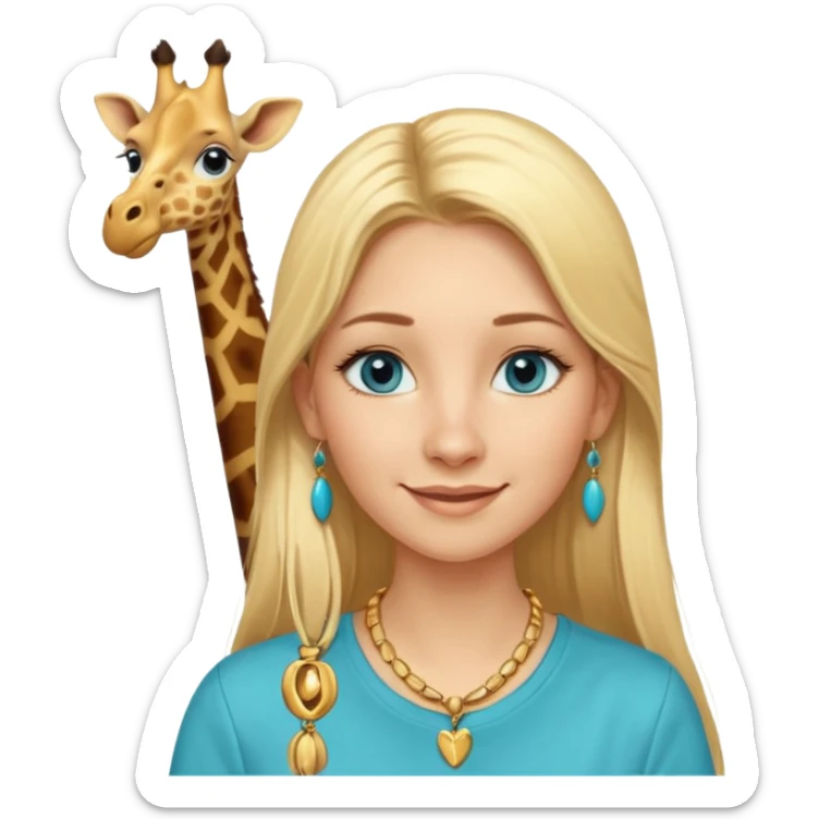 Swedish girl blonde long straigt hair blue eyes turqoise shirt gold earings, girrafe necklace gold small, long lashes smiling closed mouth sticker