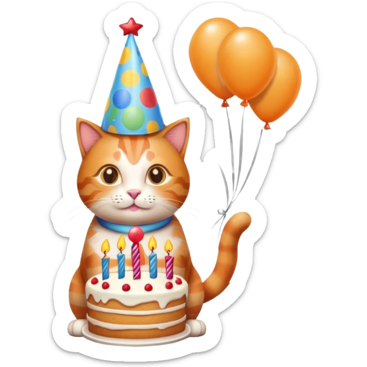 Ginger cat celebrates birthday, birthday hat, birthday cake, balloons, happy sticker