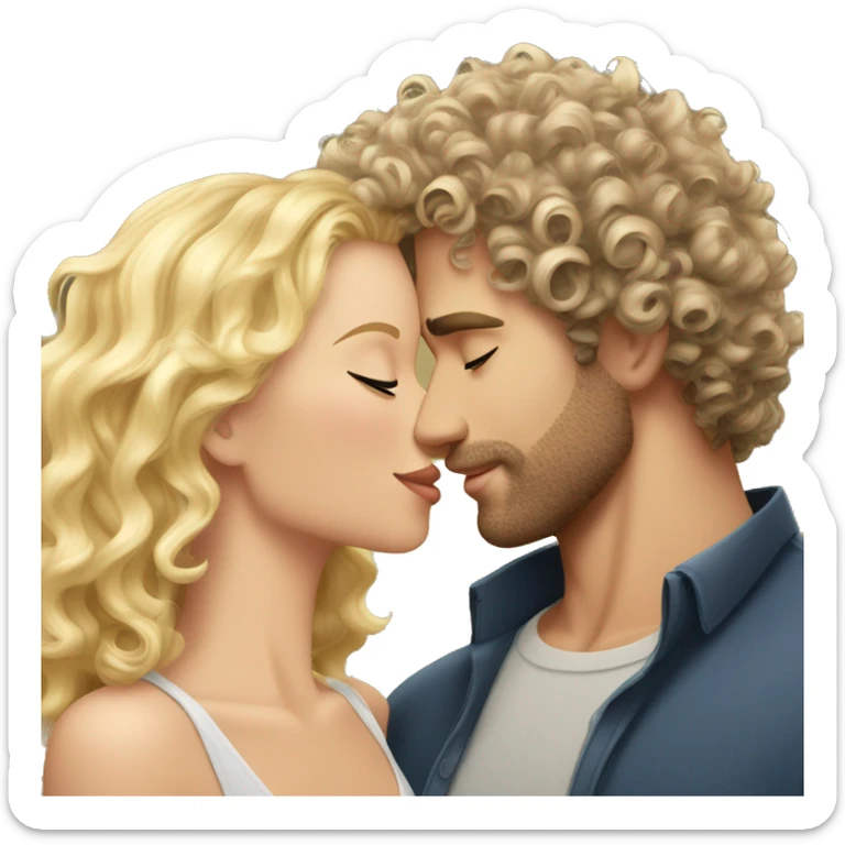 curly wavy hair hunk white man with scruff kissing pretty blonde woman sticker