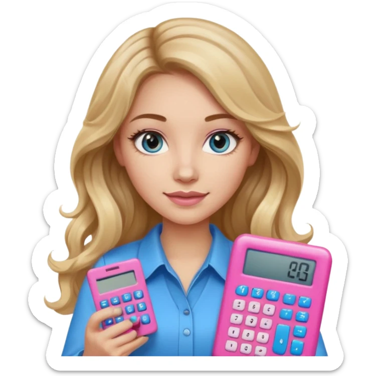 pretty female with long wavy brown hair with blonde highlights and blue eyes holding a pink calculator sticker