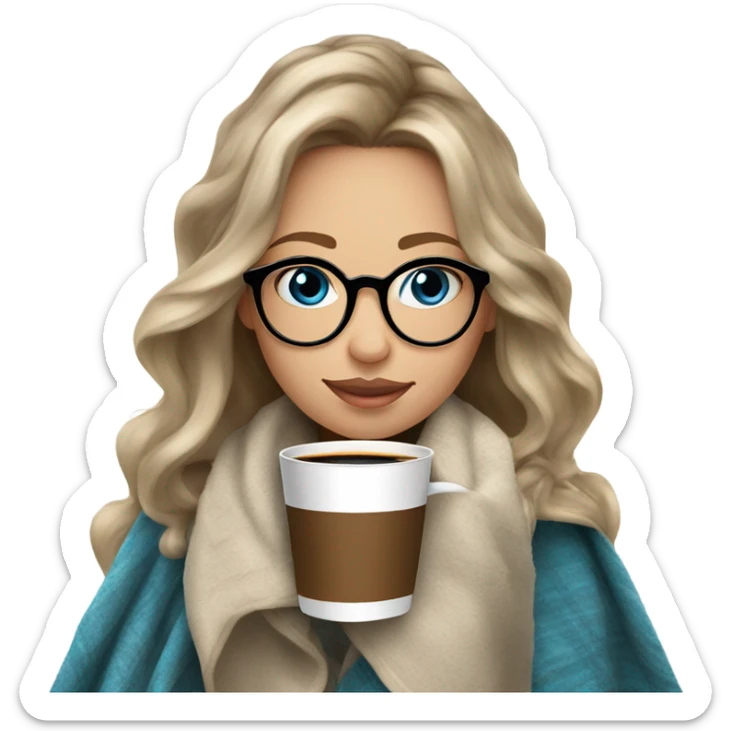 Balayage hair Girl drinking coffee, with a cozy blanket wearing glasses with blue eyes  sticker