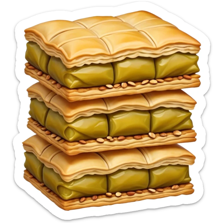 Cinematic Realistic Baklava Dessert Emoji, depicted as layers of flaky pastry with honey and nuts rendered with rich textures and warm, inviting lighting. sticker