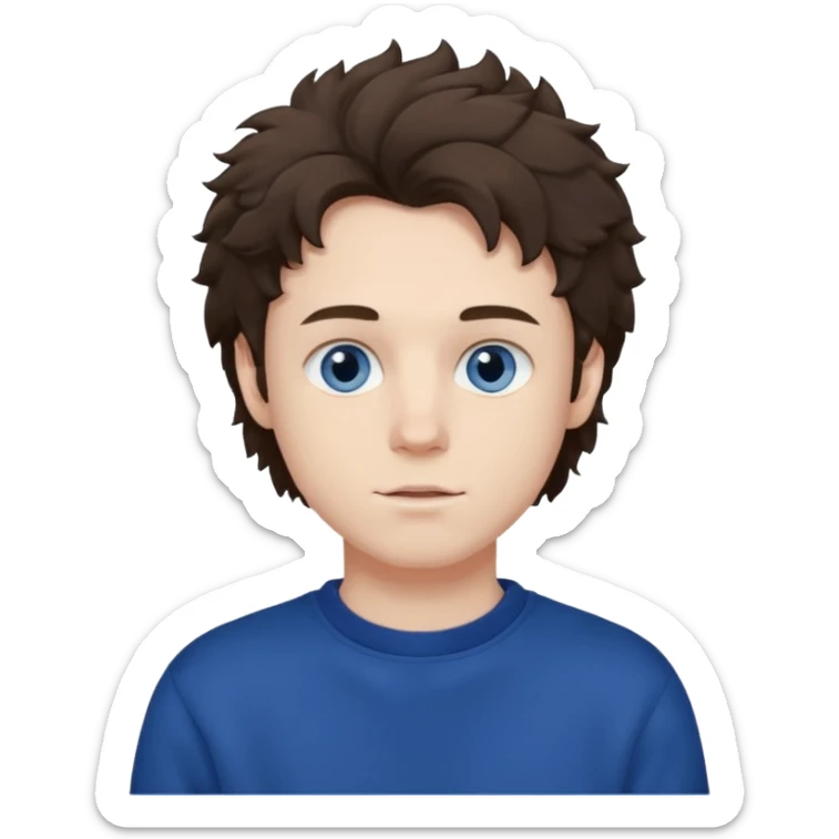 male , blue eyes , pale skin , brunette fluffy hair , dark blue sweatshirt sticker