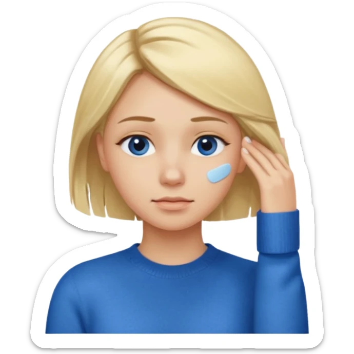 Girl massaging her head with blonde hair with anti-dark circles patches dressed in a blue sweater sticker