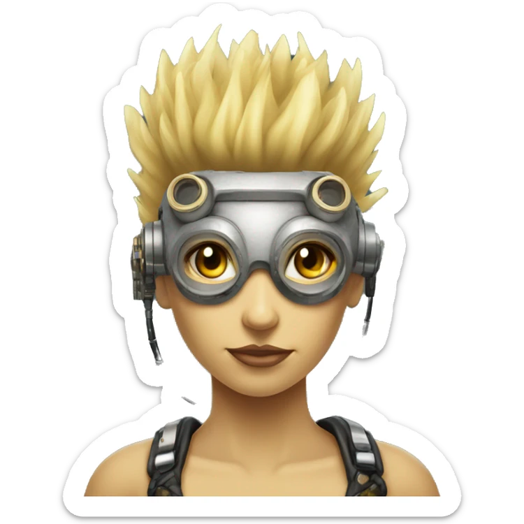 Light yellow Mohawk hair female cyborg head, tan skin, steampunk goggles and circuits sticker