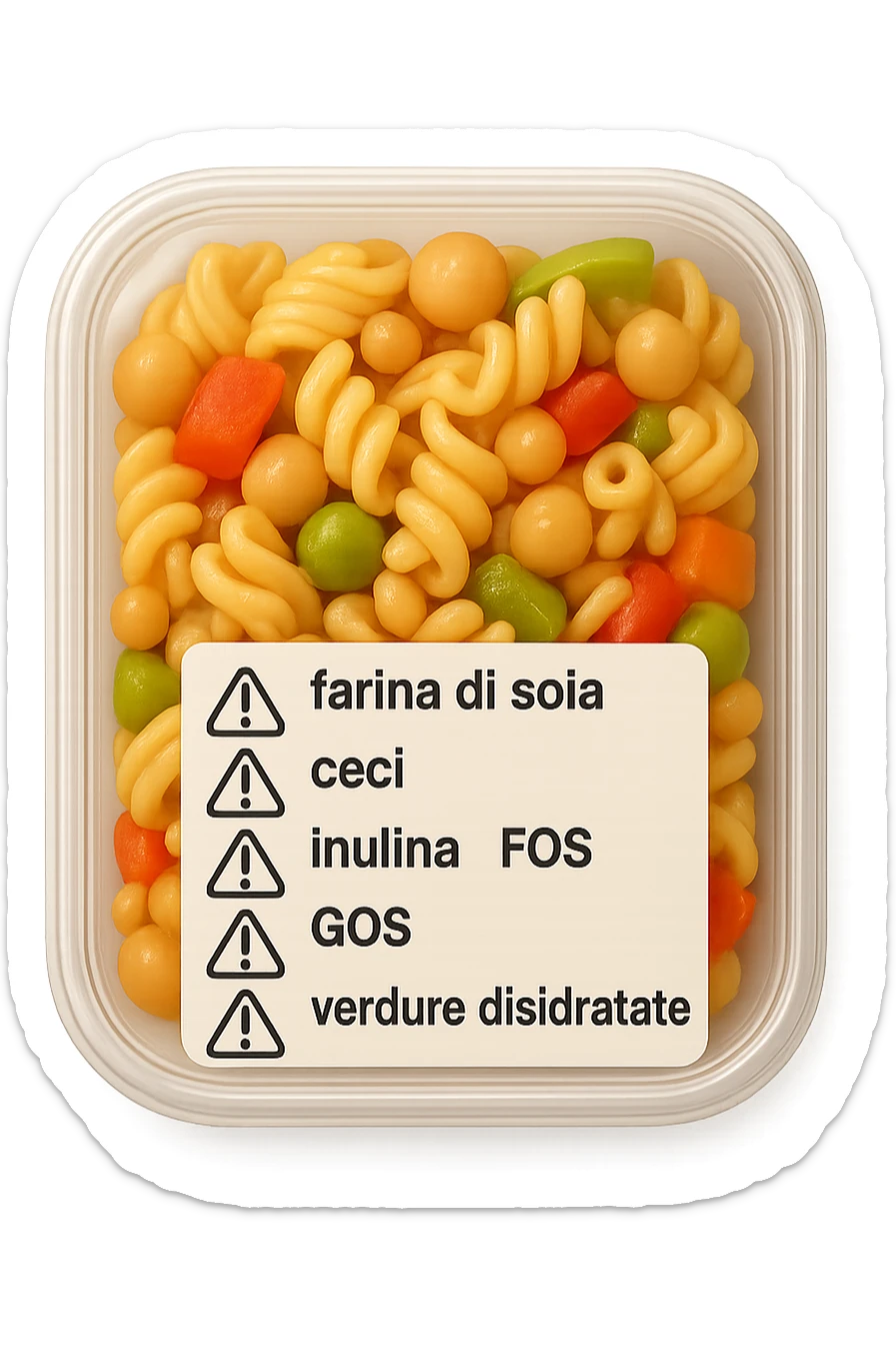SU QUESTO STILE FAI UN EMOJI STILE IPHONE 3D DI UN insalata di pasta precotta preconfezionata con ETICHETTA CON GLI INGREDIENTI SCRITTI, "farina di soia, ceci, inulina, FOS, GOS, verdure disidratate" accanto ad ogni nome scritto mettici un segnale di allarme, FALLO MOLTO REALISTICO IN 3D sticker