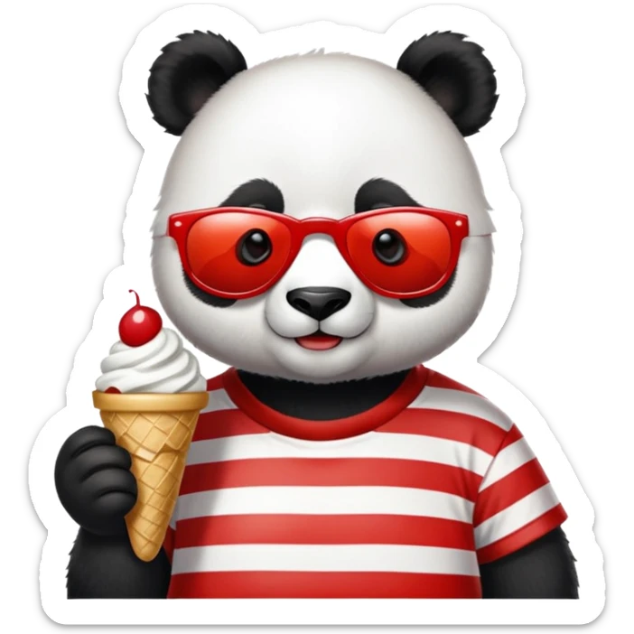 Panda with sunglasses that eat an ice cream with a red and white t-shirt sticker