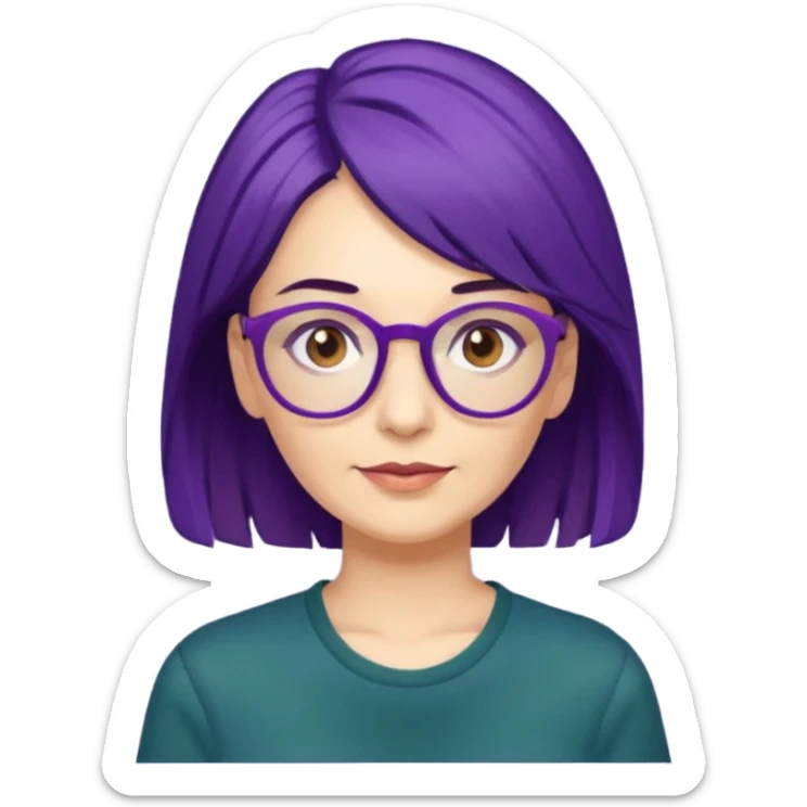 Cartoon 50-year-old youthful woman with purple glasses, brown eyes, and indigo hair to her shoulders in a dark green shirt. sticker