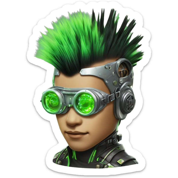 Mohawk hair with neon green highlights Asian male cyborg head with neon silver steampunk goggles and circuits sticker