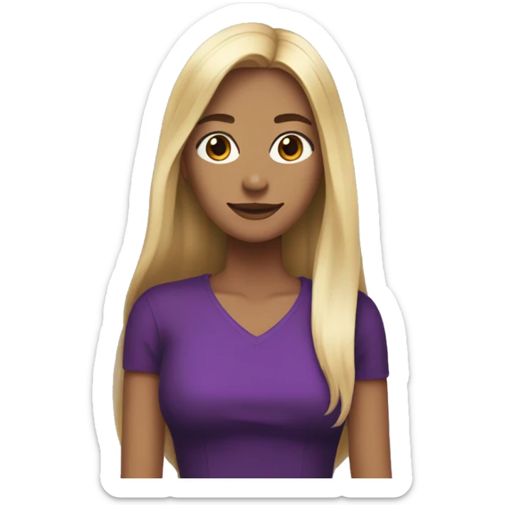 Woman with Long hair dyed in the middl. One side of split dyed hair blonde. Other side of split dyed hair black. Woman has purple dress with a heart on. sticker