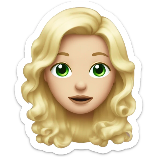 blonde female hair down with green eyes blowing a pink bubble sticker