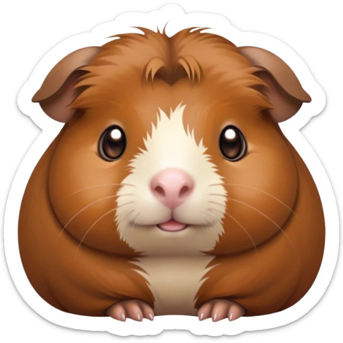 Cinematic Cute Brown Guinea Pig Portrait Emoji, Head tilted playfully and inquisitively, showcasing a velvety brown coat with a natural sheen, round, sparkling dark eyes filled with curiosity, Simplified yet irresistibly adorable features, highly detailed, glowing with a warm, friendly glow, high shine, affectionate and lively, stylized with a touch of whimsy, bright and endearing, soft glowing outline, capturing the essence of a mischievous yet loving guinea pig, so playful it feels like it could nuzzle out of the screen into your arms! sticker