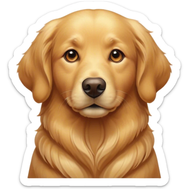 Cinematic Noble Golden Retriever Portrait Emoji, Poised and regal, with a strong, athletic build and a glossy, well-groomed golden coat, deep-set soulful brown eyes, Simplified yet sharp and sophisticated features, highly detailed, glowing with a soft, dignified glow, high shine, intelligent and friendly, stylized with an air of warmth, focused and attentive, soft glowing outline, capturing the essence of a watchful and confident companion, so majestic it feels as though it could bound out of the screen with effortless authority! sticker