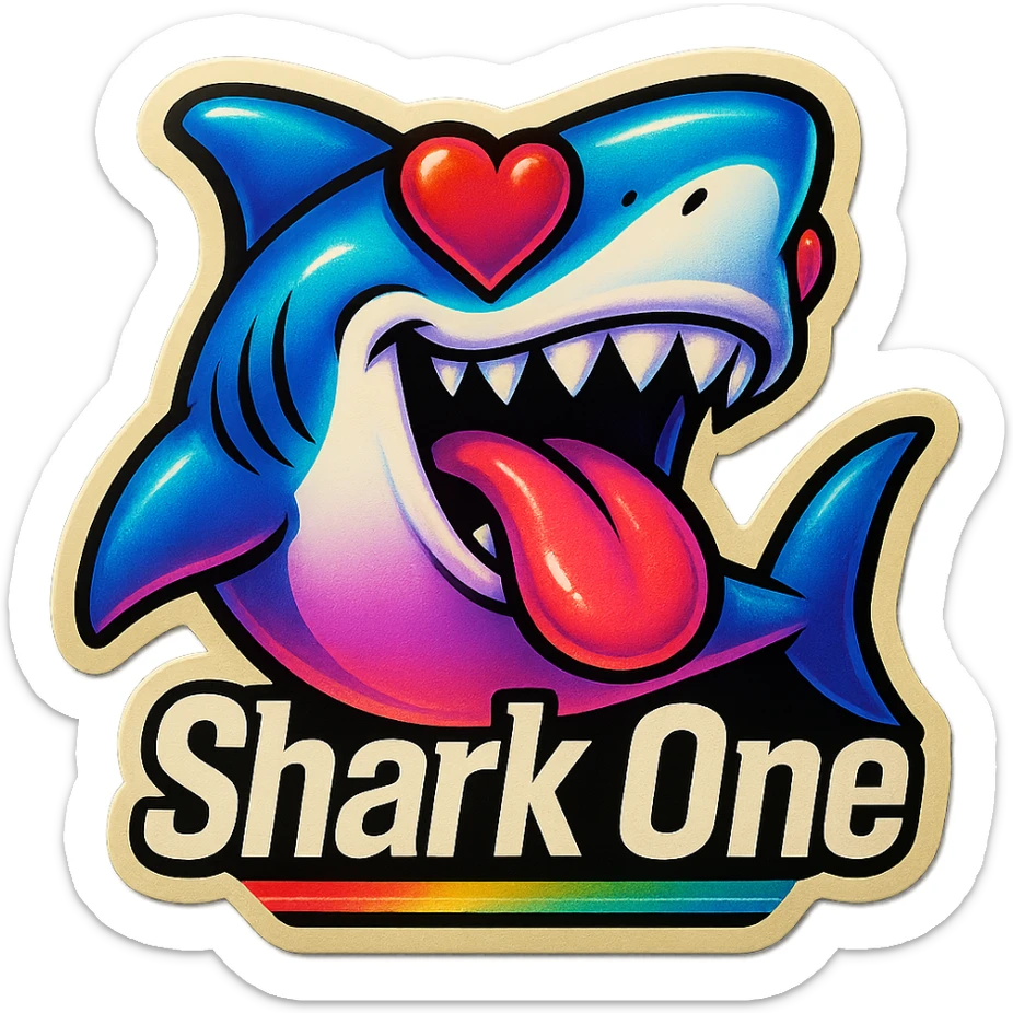 mouth open with tongue out heart shaped eye add the words “ Shark One " in White sticker