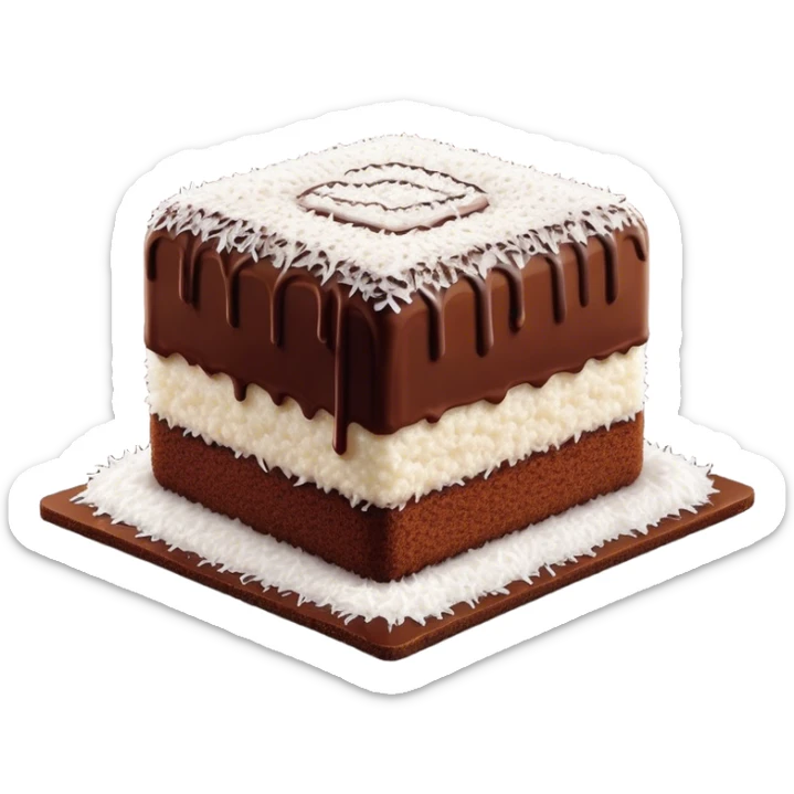 Lamington Cinematic Realistic Lamington Dessert Emoji, depicted as a sponge cake square coated in chocolate and dusted with coconut on all sides, rendered with lifelike textures and vibrant, tropical lighting. sticker