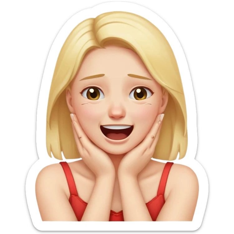 A girl holding her neck with her hands and her arms crossing with her face making a crying/laughing face sticker