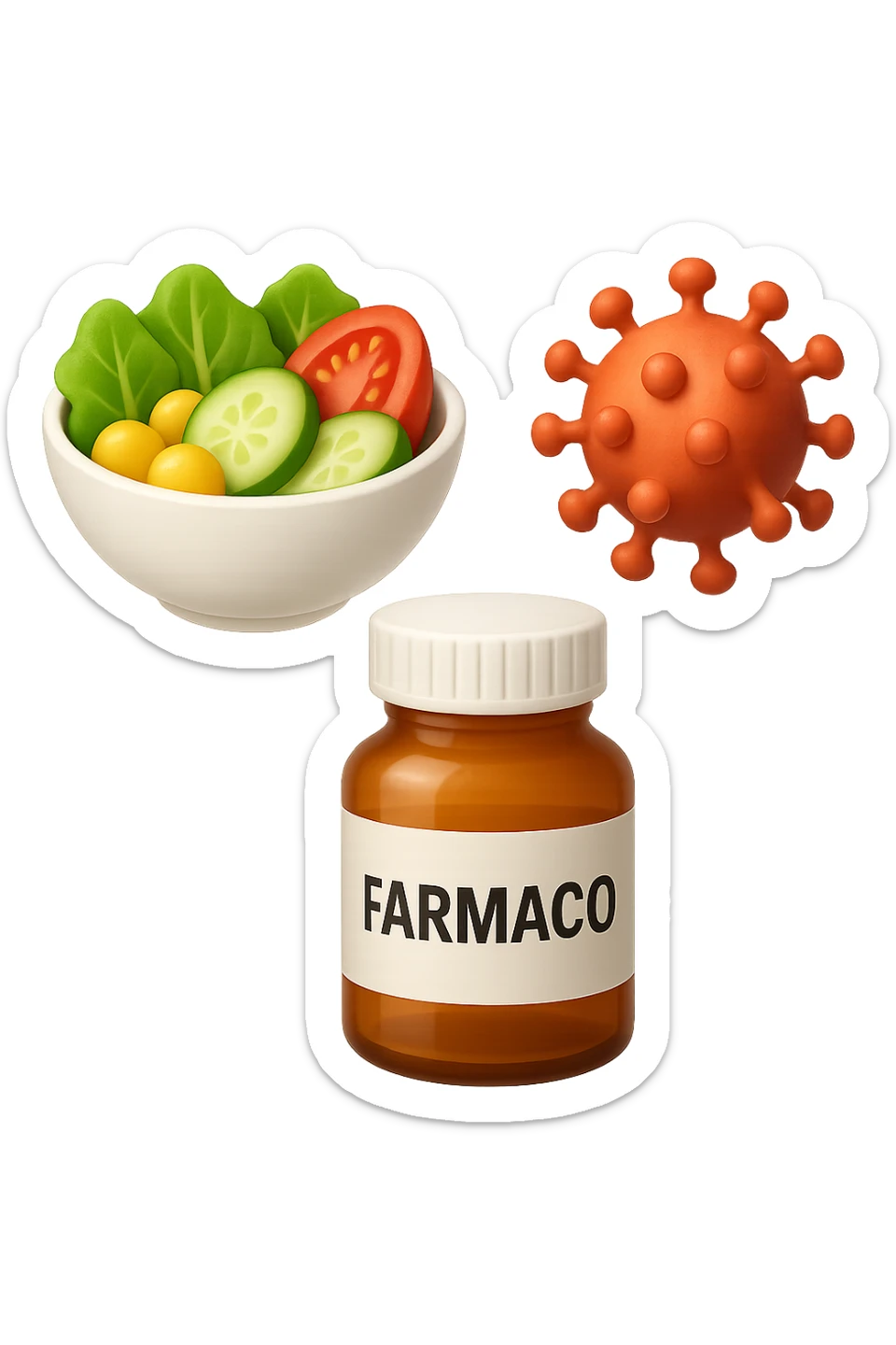 EMOJI STILE IPHONE DI una bowl di insalata, una boccetta di farmaco con la scritta "FARMACO" SULLA BOCCETTA E UN VIRUS, FLUTTUANO IN ARIA, IPERREALISTICO 4K sticker