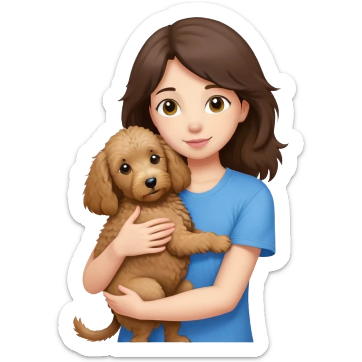 One girl with medium long dark brown hair dressing baby pink T-shirt, hugging One little brown coated labradoodle and a yellow-headed, blue-bellied macaw sticker