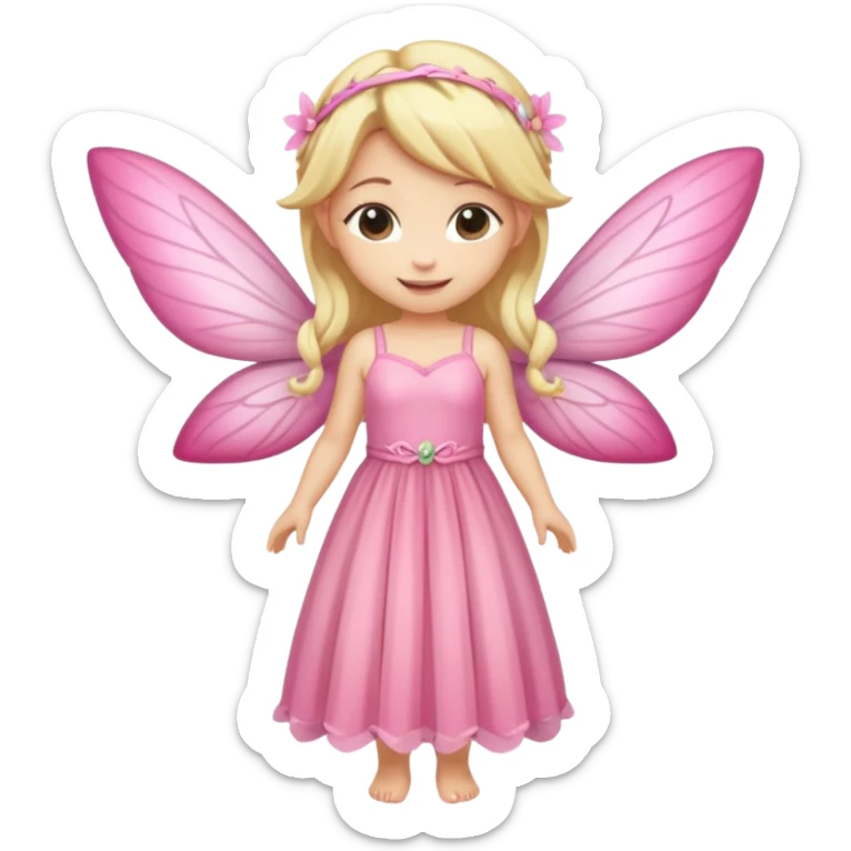 fairy with blonde hair, pink wings and long dress, happy, chibi full body sticker