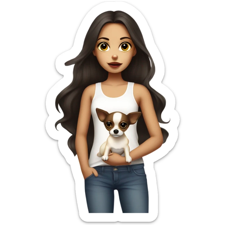 A girl with long very dark brown hair, big brown eyes, very big lips wearing a white singlet top, she is holding a very small  chihuahua that is only yellow in colour sticker