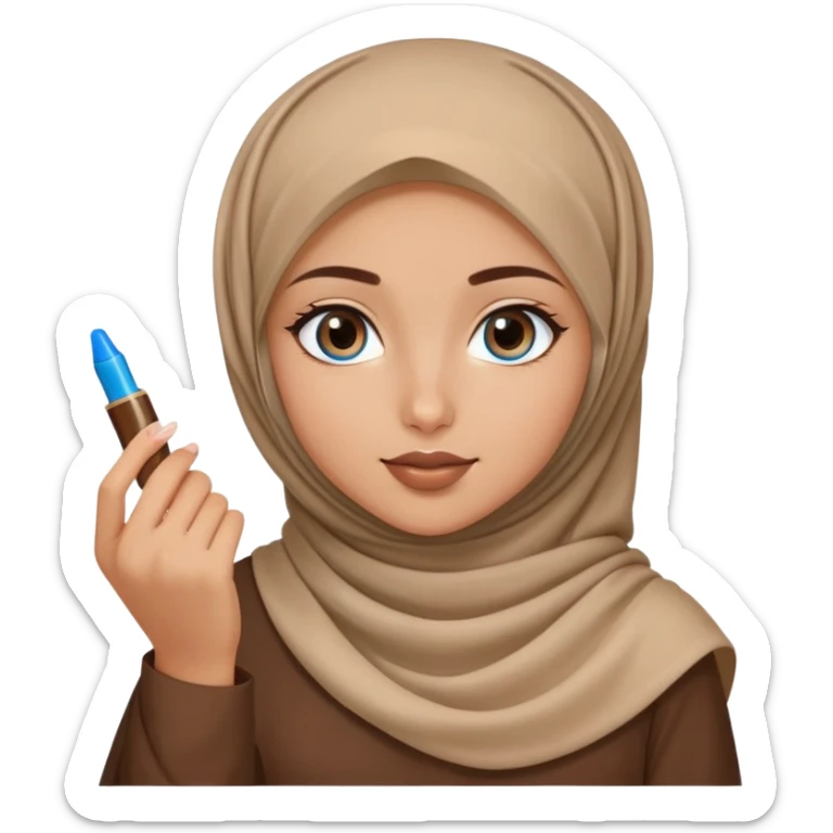 Turkish beautiful finish Konya blonde girl blue eyes with brown beige hijab islamic dress and had on her hand brown lipgloss sticker