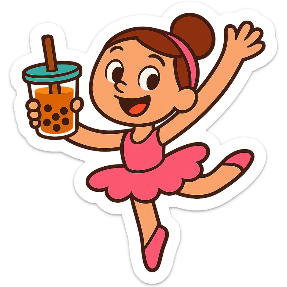 a cartoon ballerina holding a cup of boba tea, cheerful, vibrant toon style, lively and fun sticker